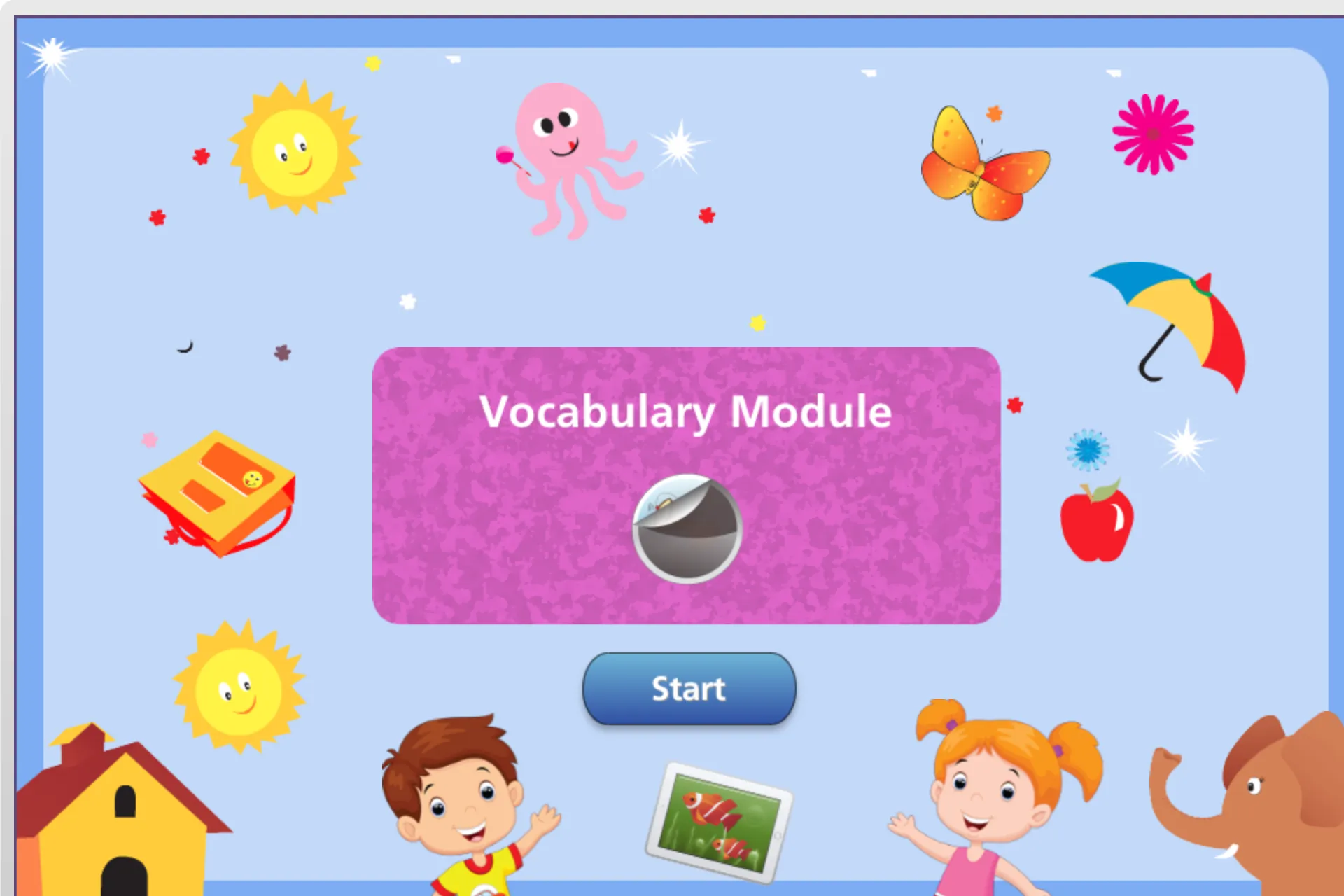 Vocabulary module start screen with cartoon children, a sun and an elephant